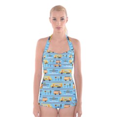 Buses-cartoon-pattern-vector Boyleg Halter Swimsuit 