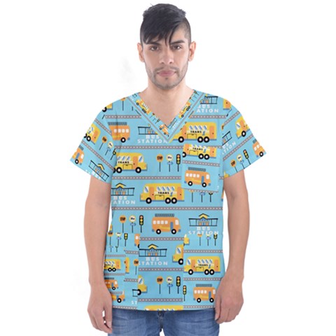 Buses-cartoon-pattern-vector Men s V-neck Scrub Top by Jancukart