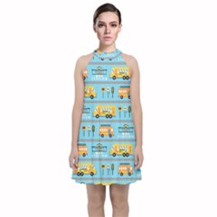 Buses-cartoon-pattern-vector Velvet Halter Neckline Dress  by Jancukart