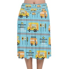 Buses-cartoon-pattern-vector Velvet Flared Midi Skirt by Jancukart