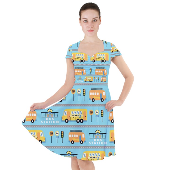 Buses-cartoon-pattern-vector Cap Sleeve Midi Dress