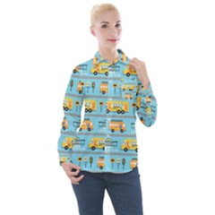 Buses-cartoon-pattern-vector Women s Long Sleeve Pocket Shirt