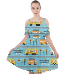 Buses-cartoon-pattern-vector Cut Out Shoulders Chiffon Dress