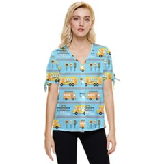 Buses-cartoon-pattern-vector Bow Sleeve Button Up Top by Jancukart