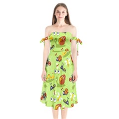 Little-animals-cartoon Shoulder Tie Bardot Midi Dress