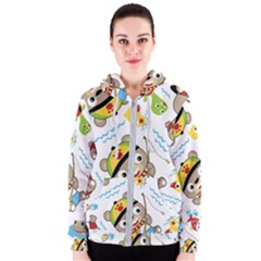 Vector-seamless-pattern-cute-fishing-animals-cartoon Women s Zipper Hoodie