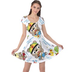 Vector-seamless-pattern-cute-fishing-animals-cartoon Cap Sleeve Dress