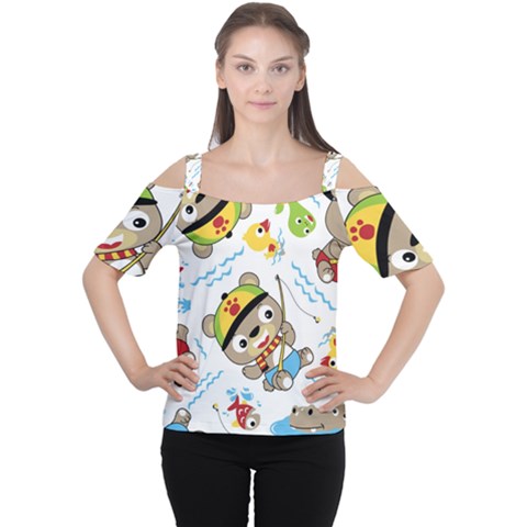 Vector-seamless-pattern-cute-fishing-animals-cartoon Cutout Shoulder Tee by Jancukart