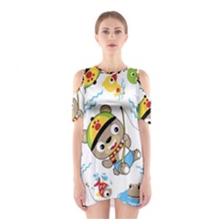 Vector-seamless-pattern-cute-fishing-animals-cartoon Shoulder Cutout One Piece Dress