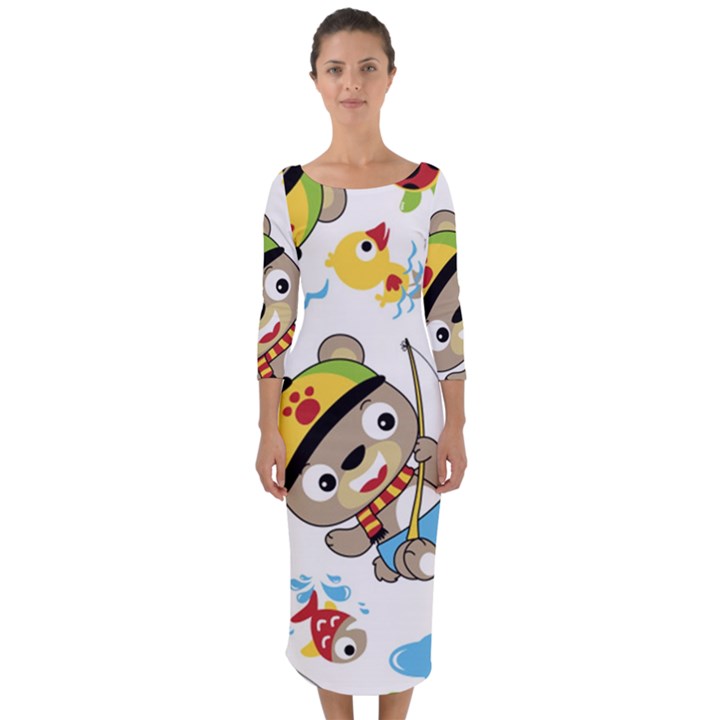 Vector-seamless-pattern-cute-fishing-animals-cartoon Quarter Sleeve Midi Bodycon Dress