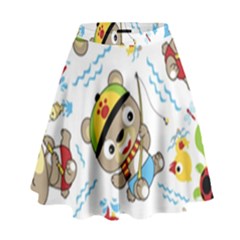 Vector-seamless-pattern-cute-fishing-animals-cartoon High Waist Skirt