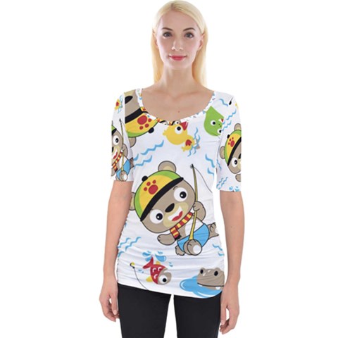 Vector-seamless-pattern-cute-fishing-animals-cartoon Wide Neckline Tee by Jancukart