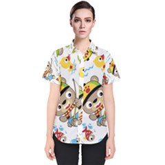 Vector-seamless-pattern-cute-fishing-animals-cartoon Women s Short Sleeve Shirt