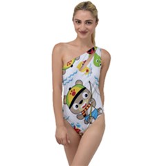 Vector-seamless-pattern-cute-fishing-animals-cartoon To One Side Swimsuit