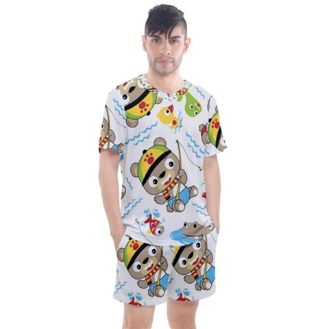 Vector-seamless-pattern-cute-fishing-animals-cartoon Men s Mesh Tee And Shorts Set by Jancukart