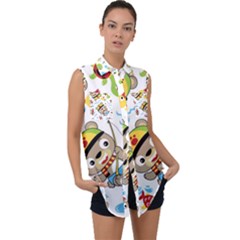 Vector-seamless-pattern-cute-fishing-animals-cartoon Sleeveless Chiffon Button Shirt