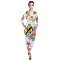 Vector-seamless-pattern-cute-fishing-animals-cartoon Quarter Sleeve Midi Velour Bodycon Dress