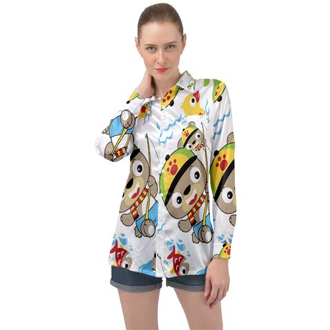 Vector-seamless-pattern-cute-fishing-animals-cartoon Long Sleeve Satin Shirt by Jancukart