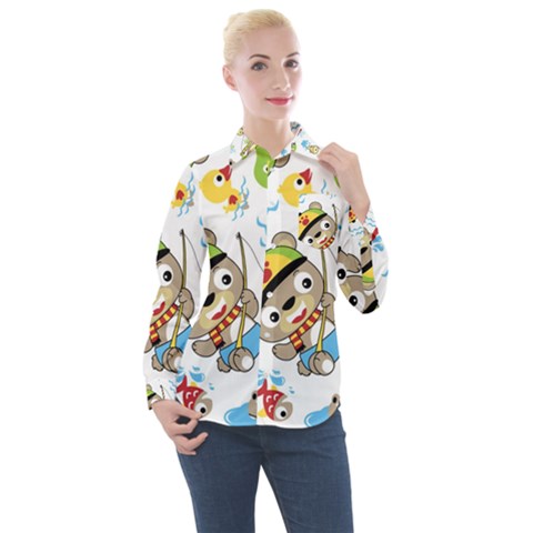 Vector-seamless-pattern-cute-fishing-animals-cartoon Women s Long Sleeve Pocket Shirt by Jancukart