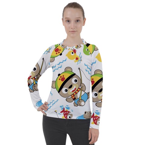 Vector-seamless-pattern-cute-fishing-animals-cartoon Women s Pique Long Sleeve Tee by Jancukart