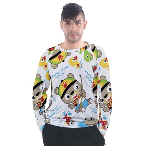 Vector-seamless-pattern-cute-fishing-animals-cartoon Men s Long Sleeve Raglan Tee by Jancukart