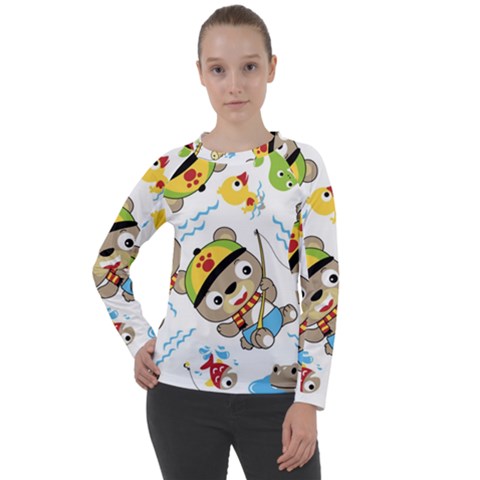 Vector-seamless-pattern-cute-fishing-animals-cartoon Women s Long Sleeve Raglan Tee by Jancukart