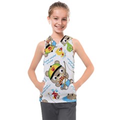 Vector-seamless-pattern-cute-fishing-animals-cartoon Kids  Sleeveless Hoodie