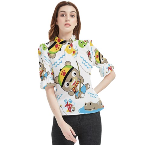 Vector-seamless-pattern-cute-fishing-animals-cartoon Frill Neck Blouse by Jancukart