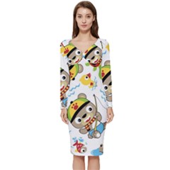 Vector-seamless-pattern-cute-fishing-animals-cartoon Long Sleeve V-neck Bodycon Dress 