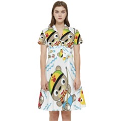 Vector-seamless-pattern-cute-fishing-animals-cartoon Short Sleeve Waist Detail Dress