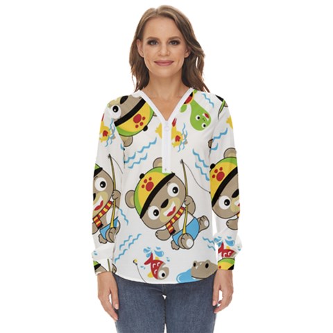 Vector-seamless-pattern-cute-fishing-animals-cartoon Zip Up Long Sleeve Blouse by Jancukart