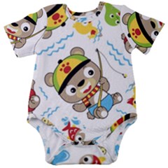 Vector-seamless-pattern-cute-fishing-animals-cartoon Baby Short Sleeve Onesie Bodysuit