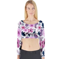 Purple-flower-butterfly-with-watercolor-seamless-pattern Long Sleeve Crop Top