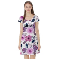 Purple-flower-butterfly-with-watercolor-seamless-pattern Short Sleeve Skater Dress