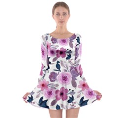 Purple-flower-butterfly-with-watercolor-seamless-pattern Long Sleeve Skater Dress