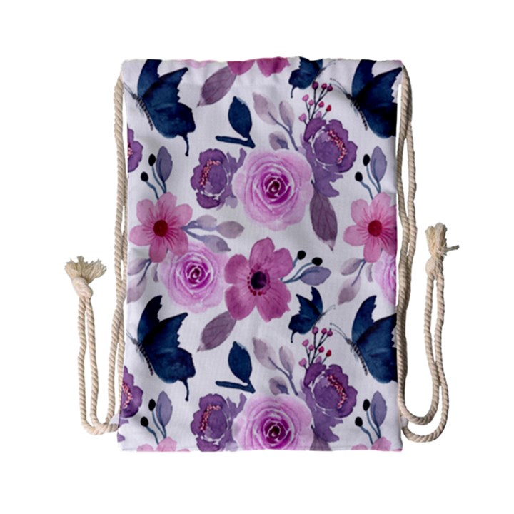 Purple-flower-butterfly-with-watercolor-seamless-pattern Drawstring Bag (Small)