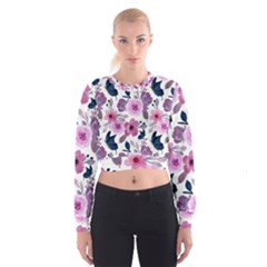 Purple-flower-butterfly-with-watercolor-seamless-pattern Cropped Sweatshirt