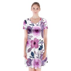 Purple-flower-butterfly-with-watercolor-seamless-pattern Short Sleeve V-neck Flare Dress