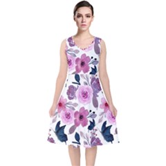 Purple-flower-butterfly-with-watercolor-seamless-pattern V-neck Midi Sleeveless Dress 