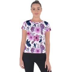 Purple-flower-butterfly-with-watercolor-seamless-pattern Short Sleeve Sports Top 