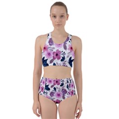 Purple-flower-butterfly-with-watercolor-seamless-pattern Racer Back Bikini Set