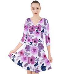 Purple-flower-butterfly-with-watercolor-seamless-pattern Quarter Sleeve Front Wrap Dress