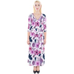 Purple-flower-butterfly-with-watercolor-seamless-pattern Quarter Sleeve Wrap Maxi Dress