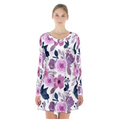 Purple-flower-butterfly-with-watercolor-seamless-pattern Long Sleeve Velvet V-neck Dress