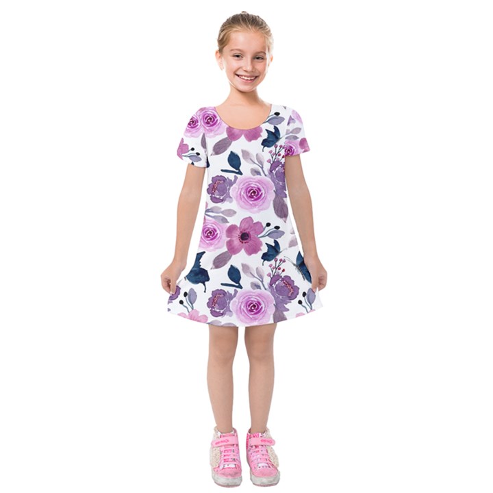 Purple-flower-butterfly-with-watercolor-seamless-pattern Kids  Short Sleeve Velvet Dress