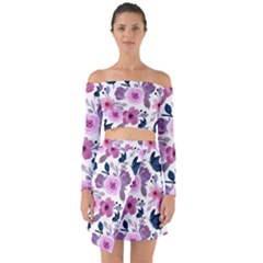 Purple-flower-butterfly-with-watercolor-seamless-pattern Off Shoulder Top With Skirt Set