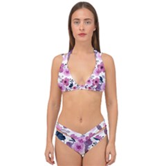 Purple-flower-butterfly-with-watercolor-seamless-pattern Double Strap Halter Bikini Set