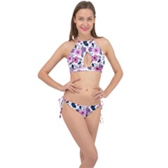 Purple-flower-butterfly-with-watercolor-seamless-pattern Cross Front Halter Bikini Set