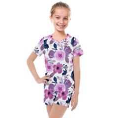 Purple-flower-butterfly-with-watercolor-seamless-pattern Kids  Mesh Tee And Shorts Set