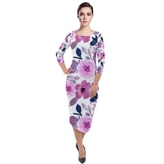 Purple-flower-butterfly-with-watercolor-seamless-pattern Quarter Sleeve Midi Velour Bodycon Dress